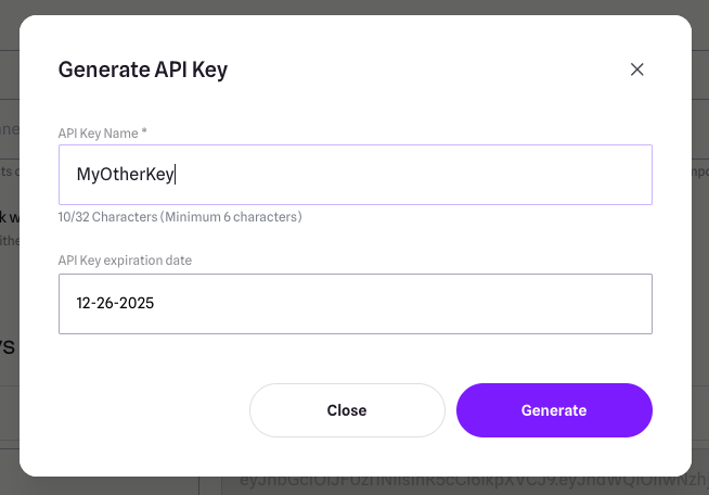 Generate API Key modal image