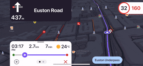 Navigation in Paris with ETA, trip duration, and distance clearly displayed. Lane guidance is shown along with an upcoming speed camera. Traffic is color-coded on the map, and other events are visible. The route profile is also displayed. Recorded using the Magic Earth app.