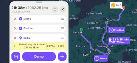 A long car route between european cities. The route contains toll road segments. The ETA, duration and the number of kilometers are shown. Yellow dots represent zones with high incline. Captured in the Magic Earth app.