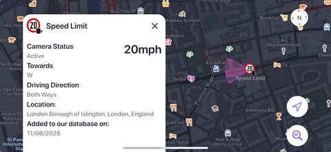 Speed camera report. Captured using the Magic Earth app.