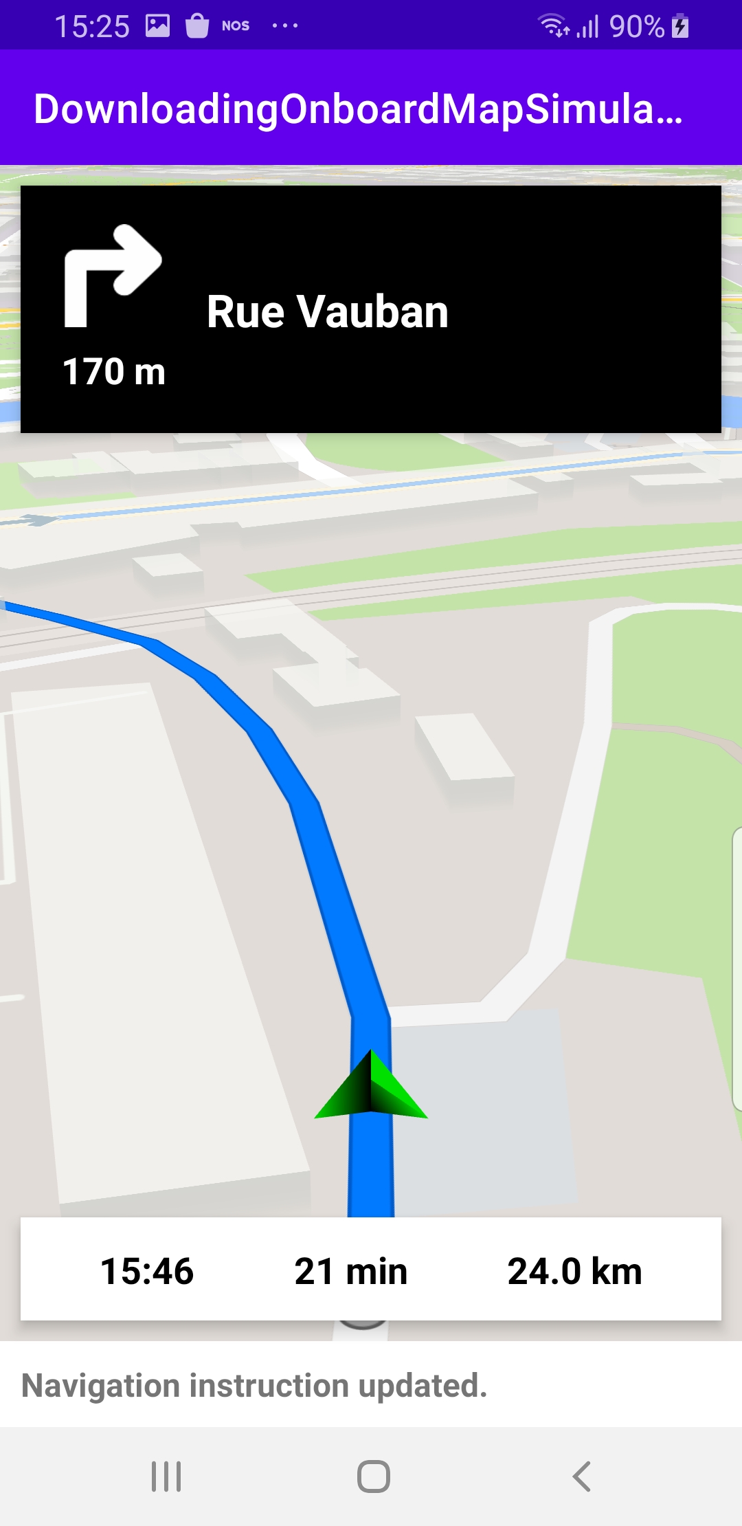 Navigation simulation with on-demand map downloading example Android screenshot