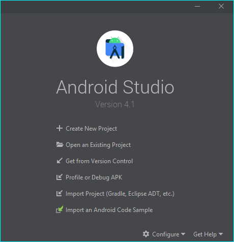 Android Studio welcome dialog