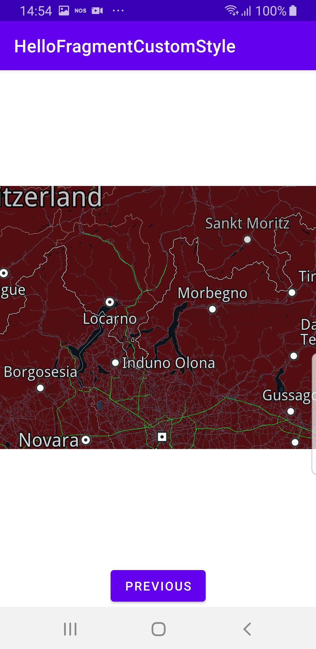 Map with custom style in an Android fragment screenshot
