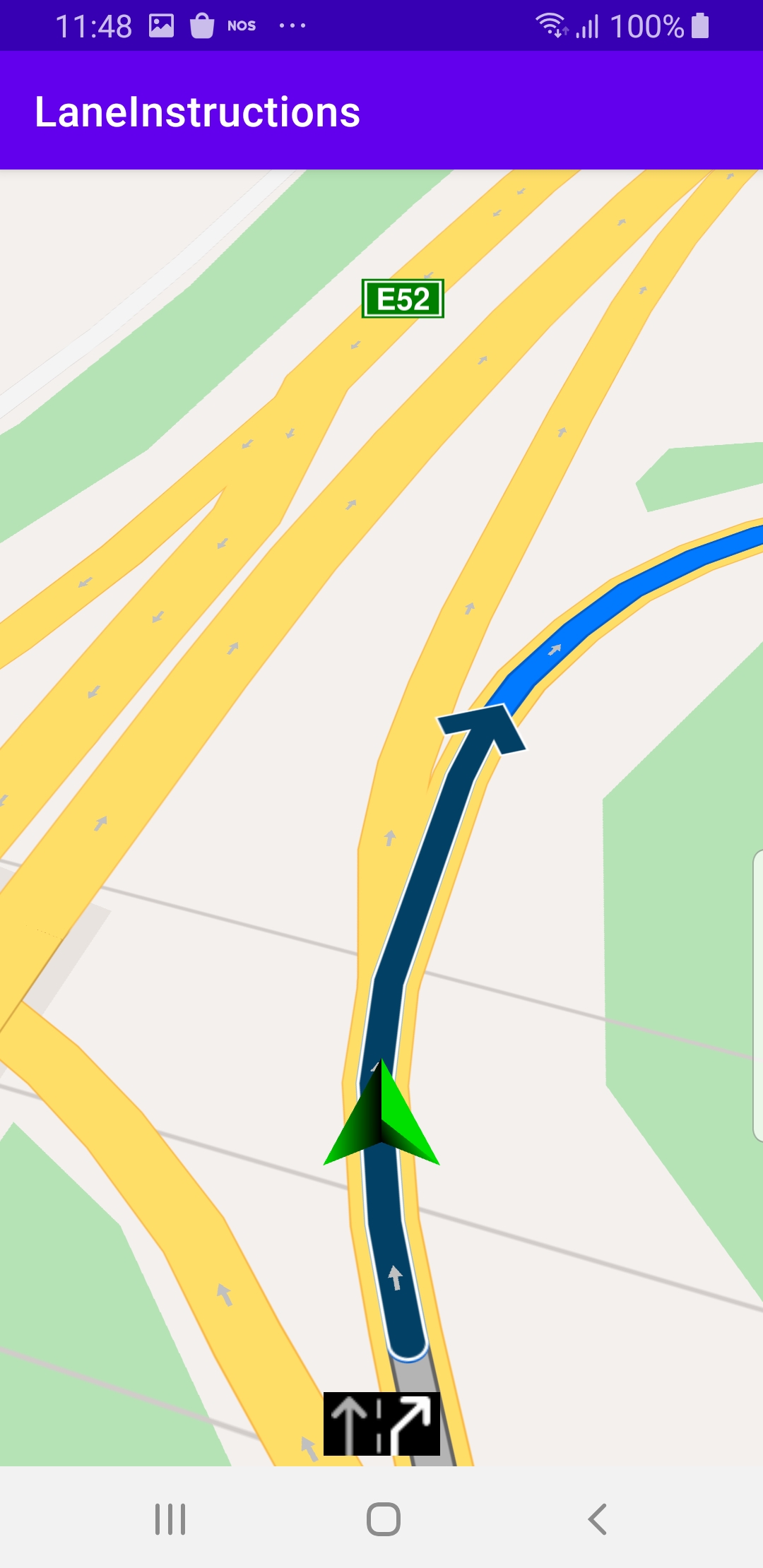 Lane instructions simulated navigation example Android screenshot