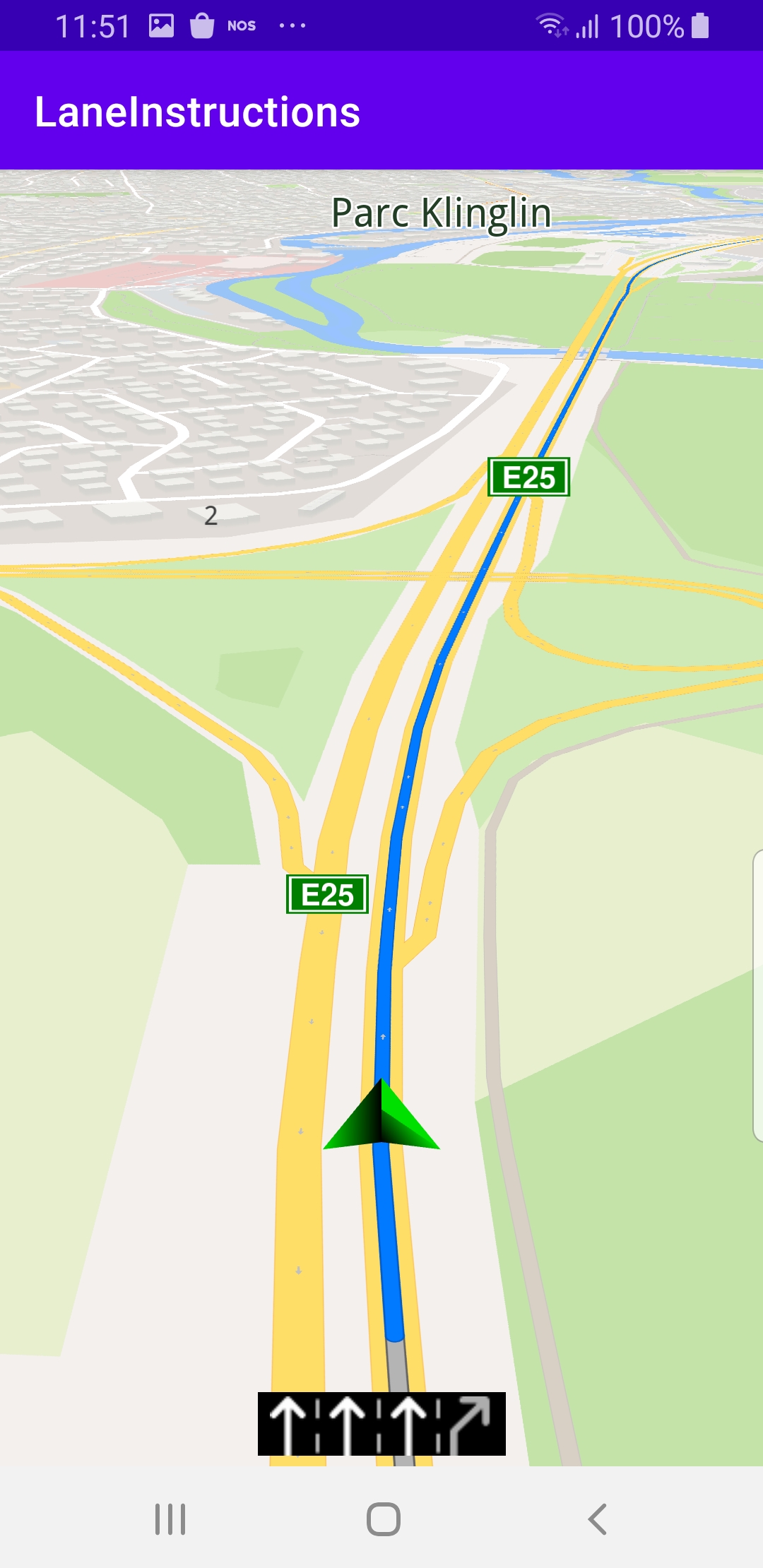 Lane instructions simulated navigation example Android screenshot