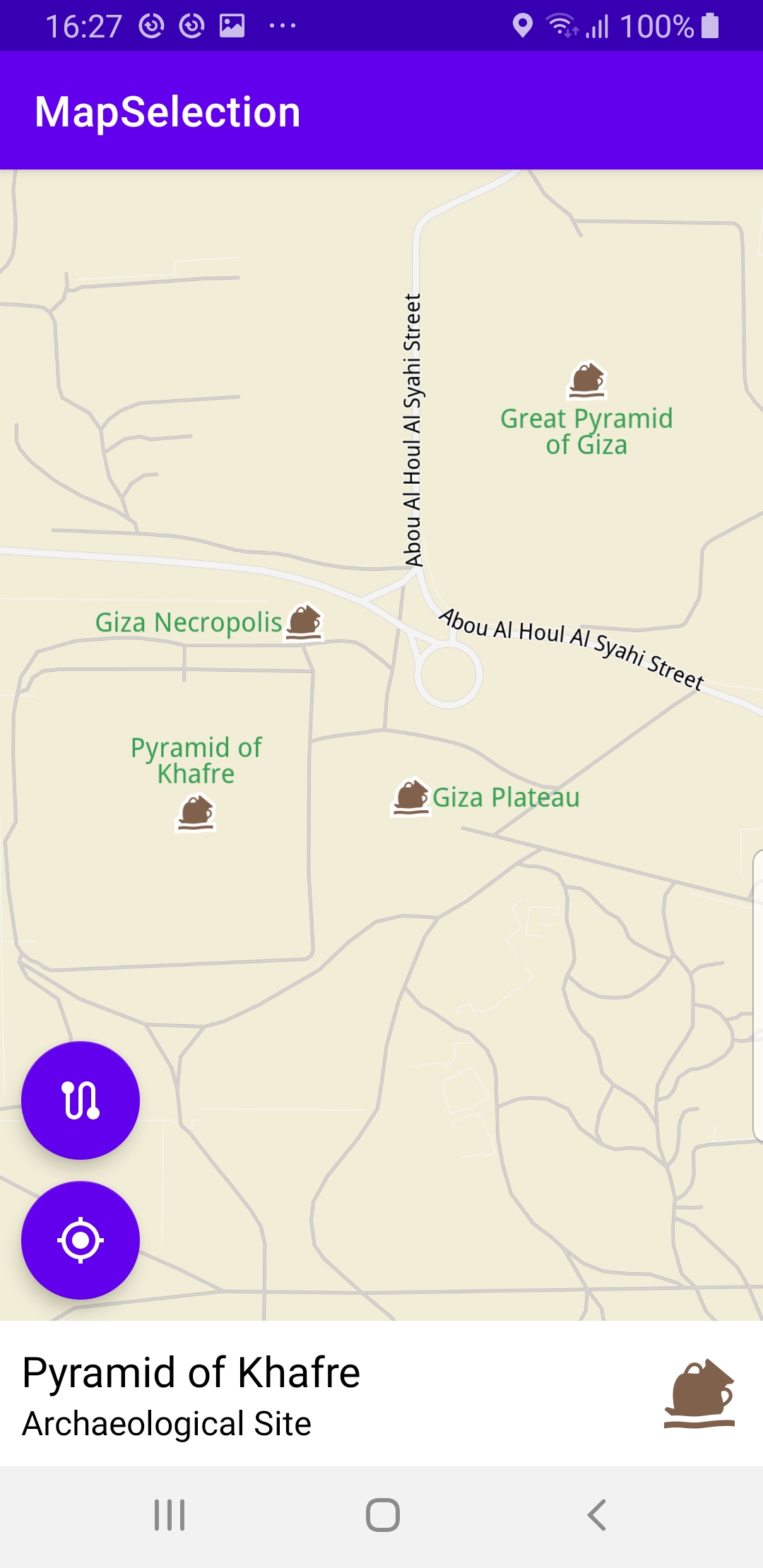 Selecting items on map example Android screenshot