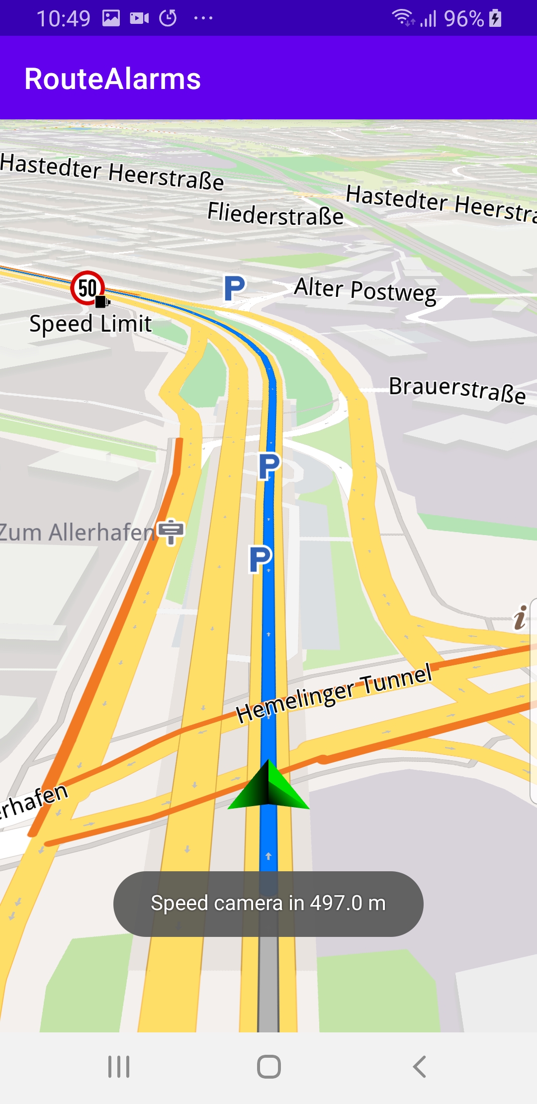 Route simulation with speed camera alarms example Android screenshot
