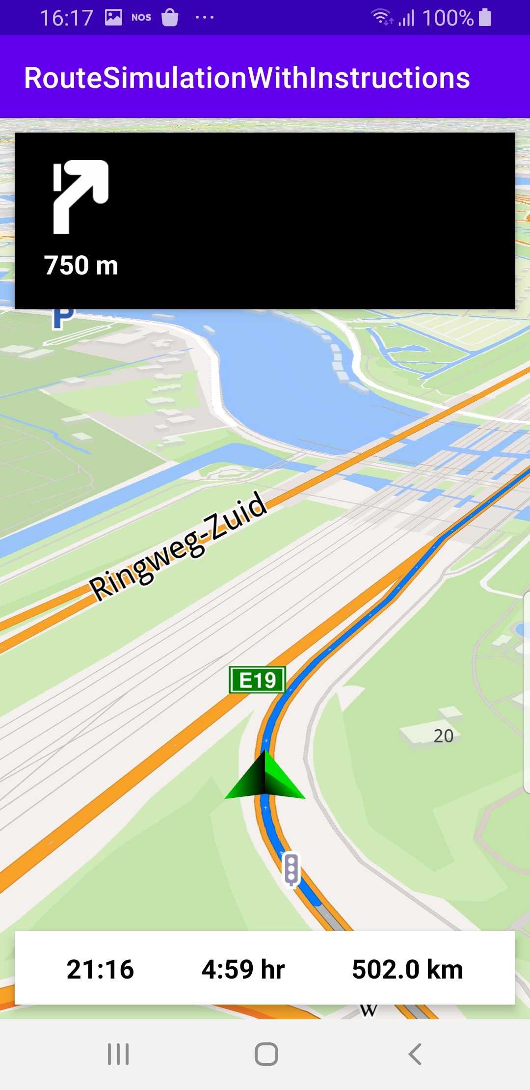 Route simulation with instructions example Android screenshot