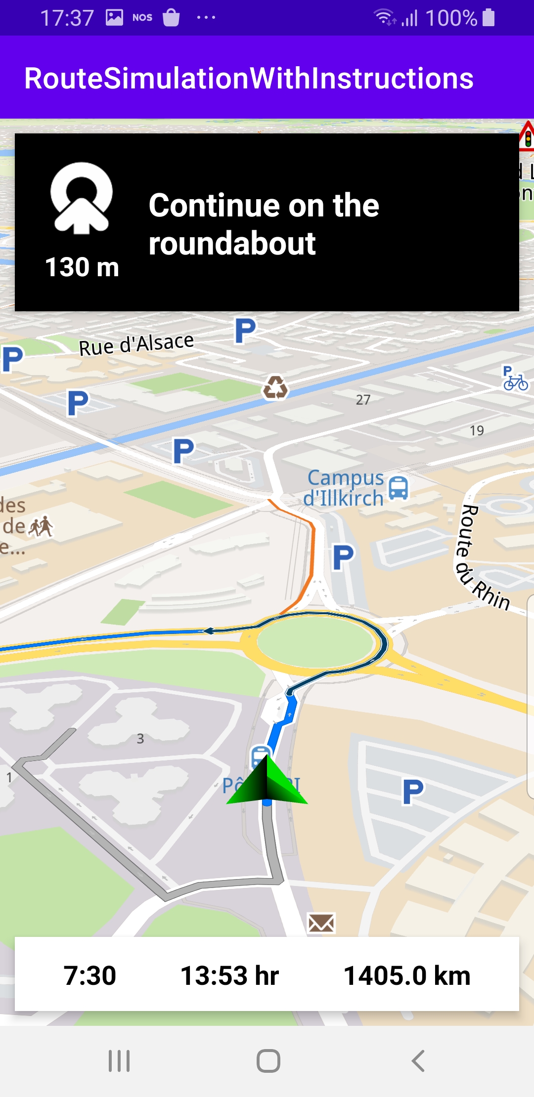 Route simulation with instructions example Android screenshot