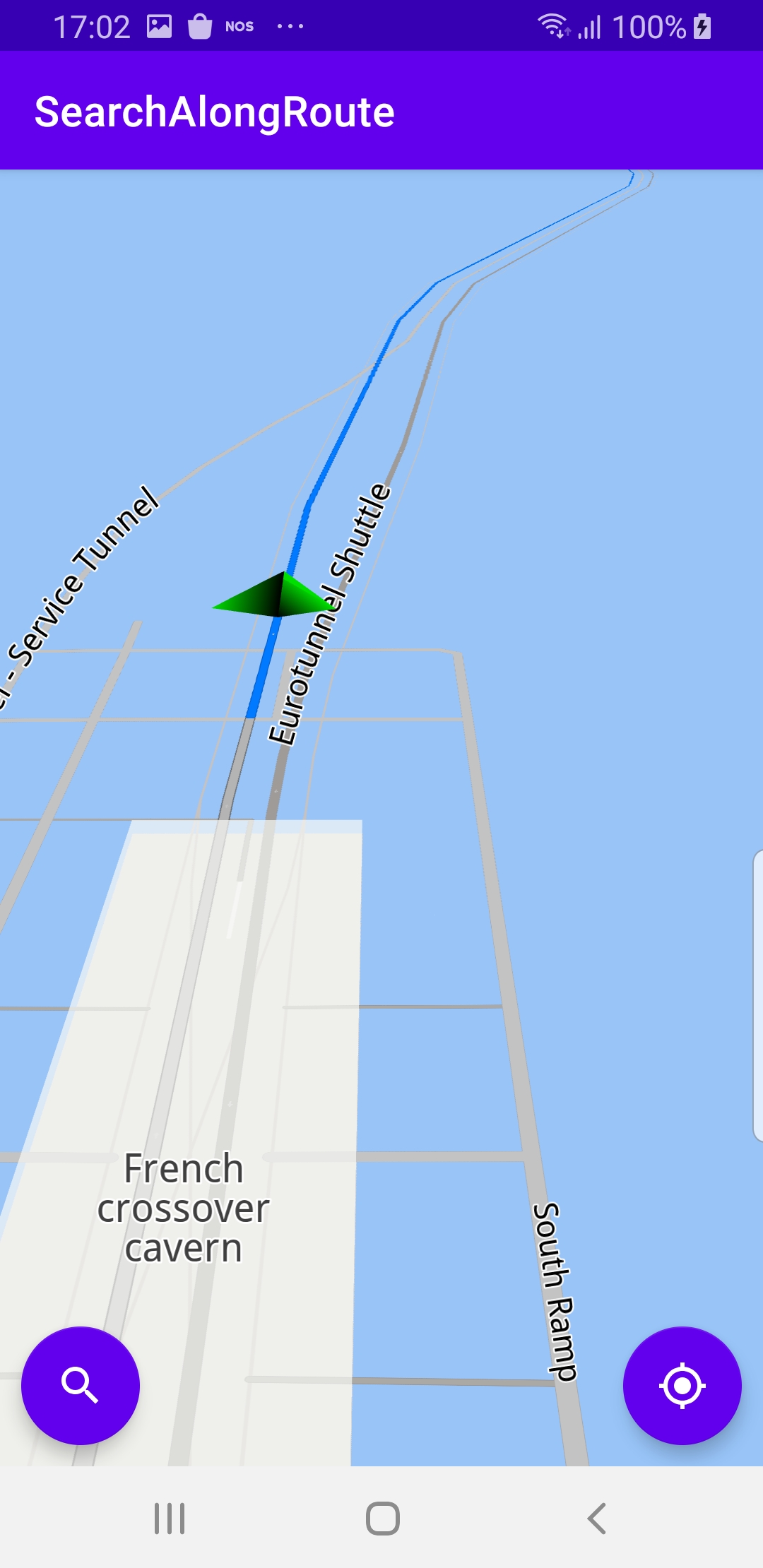 Search along route simulation example Android screenshot