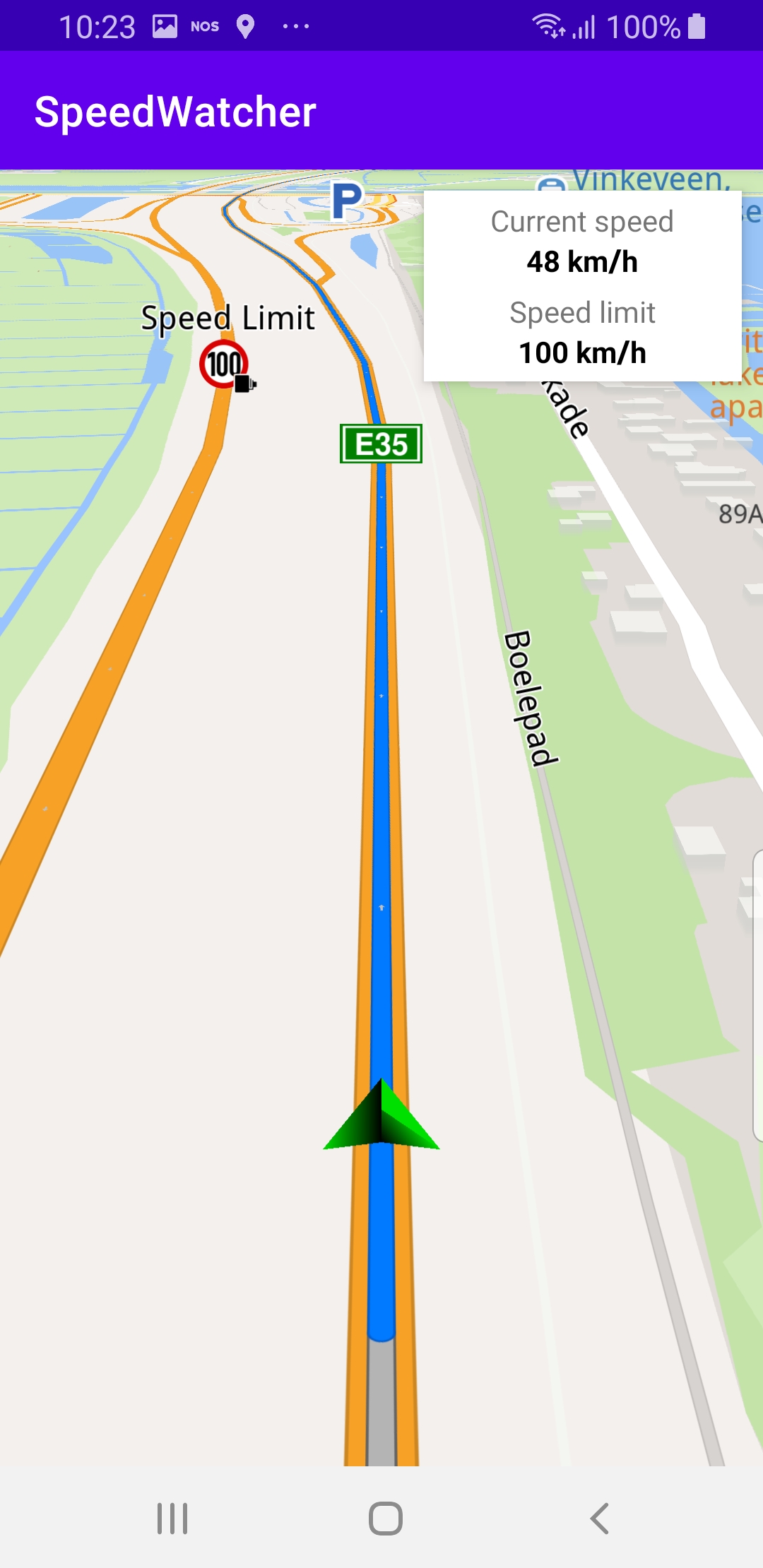 Speed watcher simulated navigation example Android screenshot